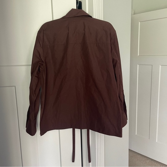 Jill Sander Tie-neck Organic-cotton Poplin Brown Blouse Long Sleeve V Neck - Picture 7 of 8
